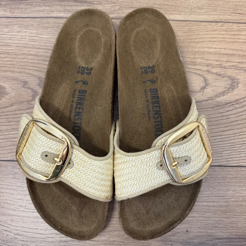 Birkenstock Madrid Big Buckle Raffia Slide 39 Beige Women Sandal Gold Buckle